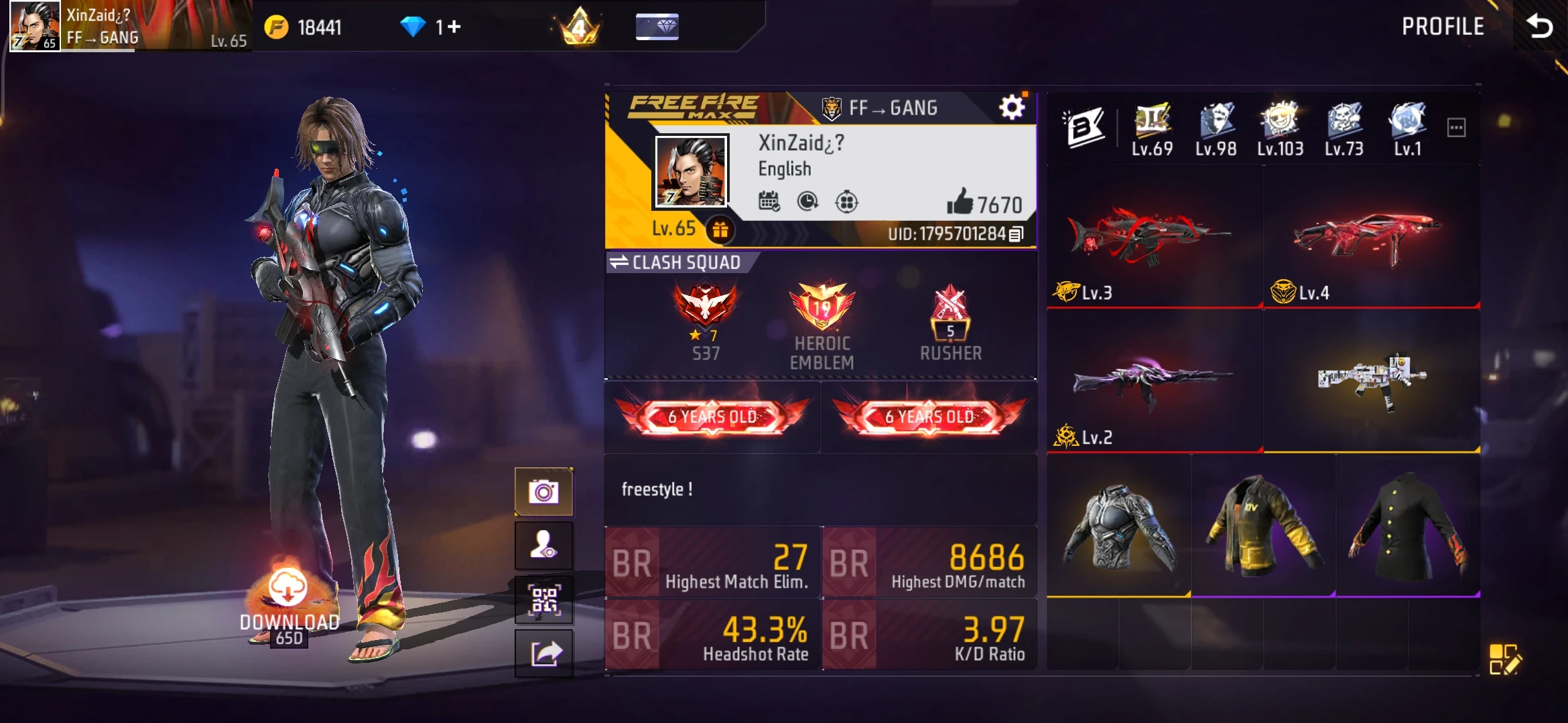 Free Fire account level 65